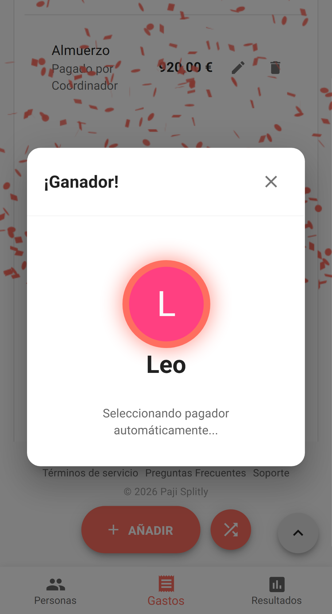 Pantalla de ganador del sorteo: el sistema selecciona aleatoriamente
