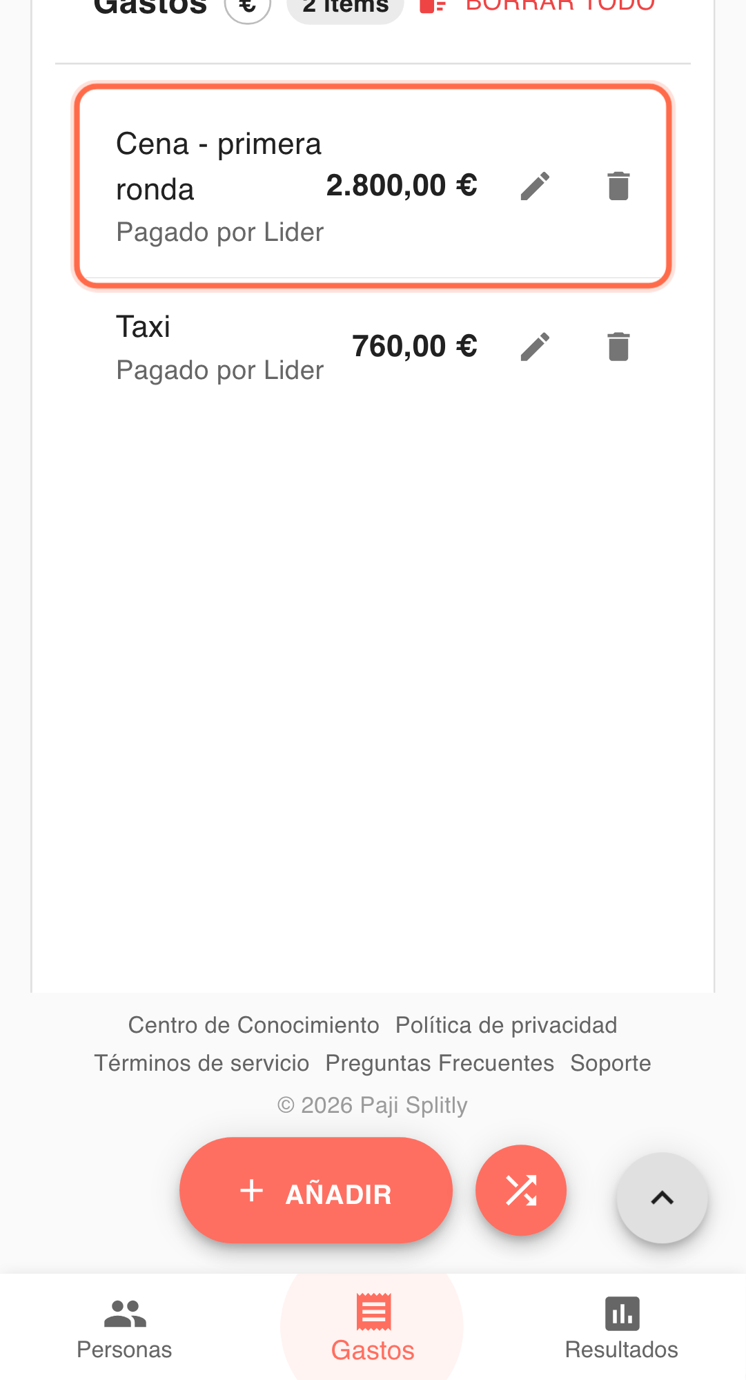 Captura de funcionalidad: flujo real en Paji Splitly