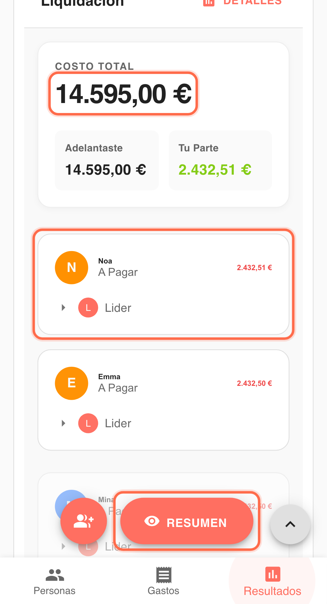 Captura funcional: flujo de liquidación y colaboración en Paji Splitly