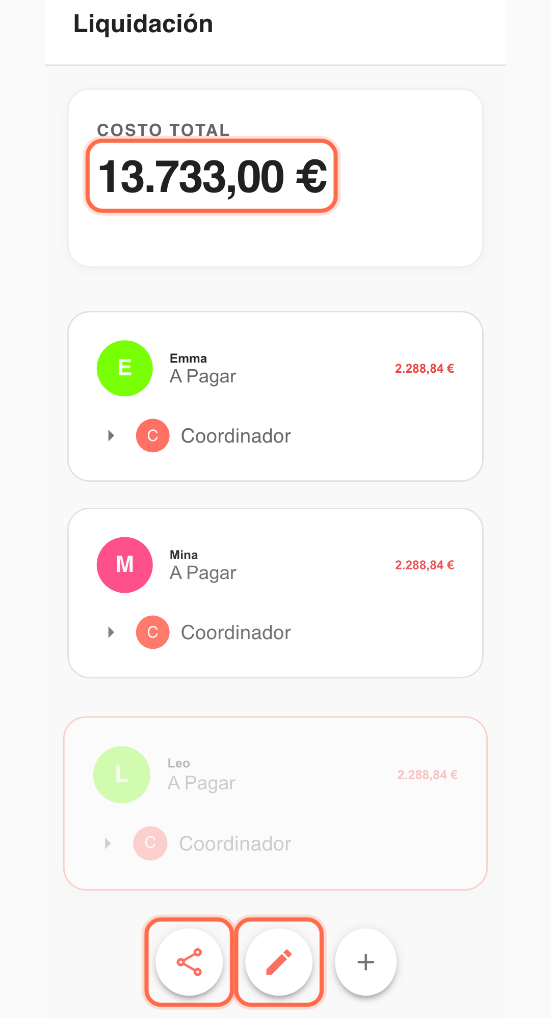 Captura funcional: flujo de liquidación y colaboración en Paji Splitly