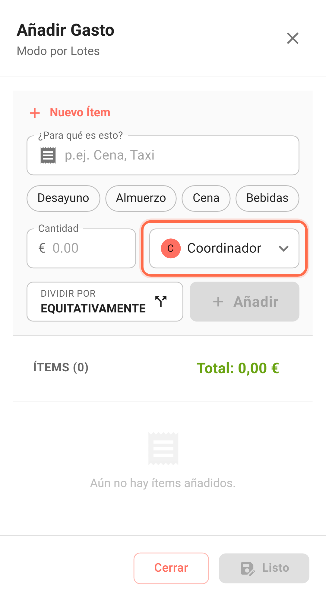 Formulario de gasto autocompletado: el pagador ya está asignado