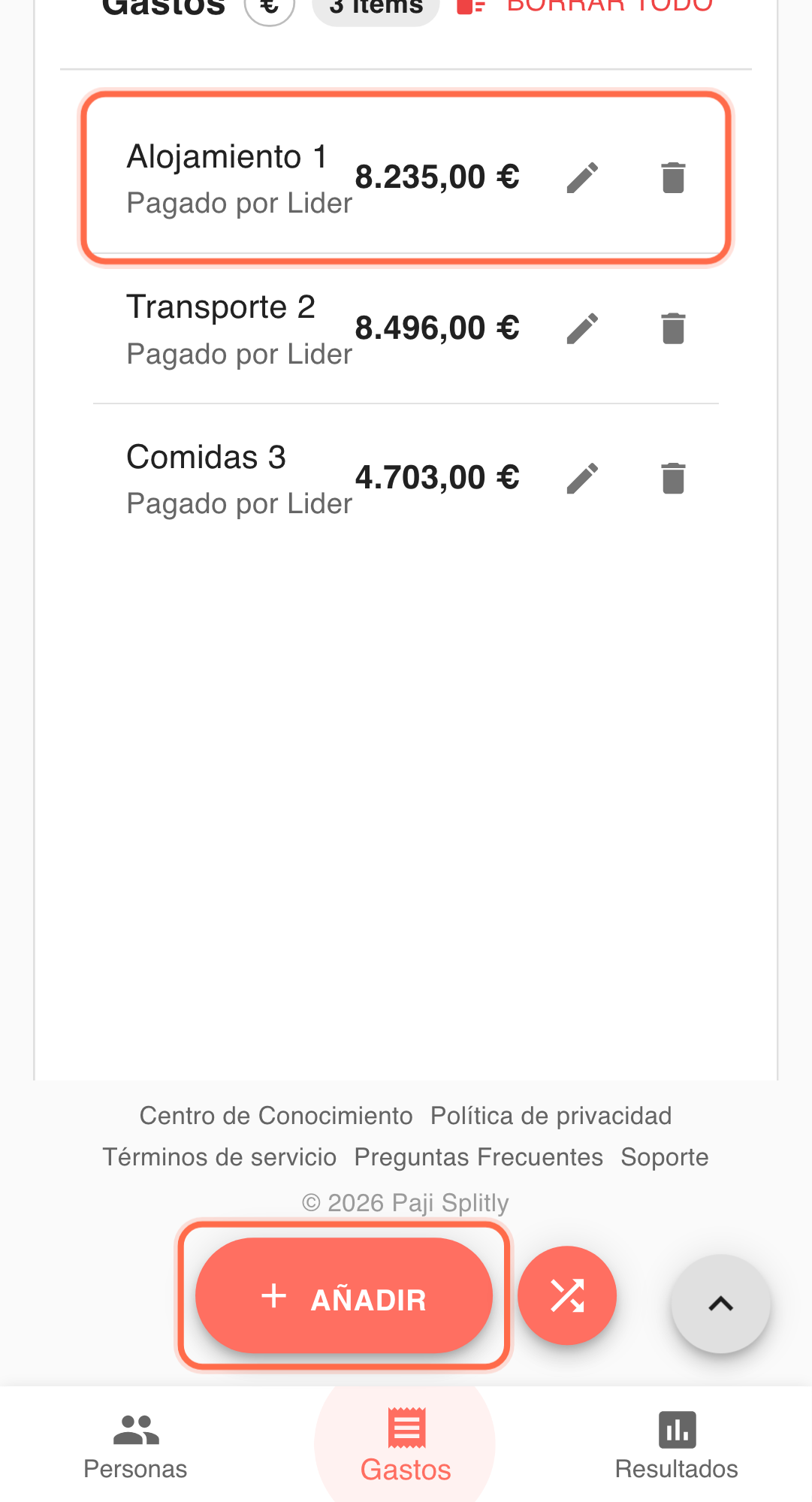 Captura funcional: flujo de liquidación y colaboración en Paji Splitly