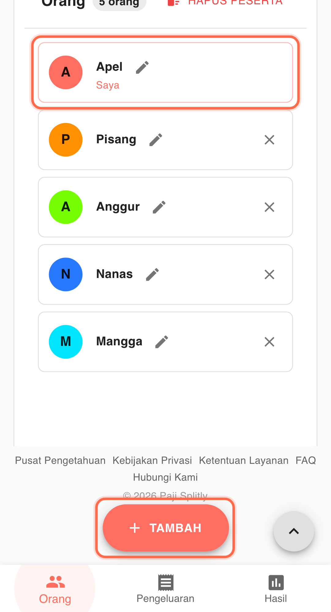 Feature screenshot: complementary scenario detail in Paji Splitly